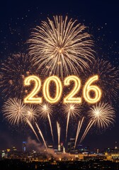 Sparkling New Year 2026 Celebration - Celebratory fireworks light up the night sky above a city skyline, marking the arrival of 2026. Represents hope, joy, new beginnings, festivities and future
