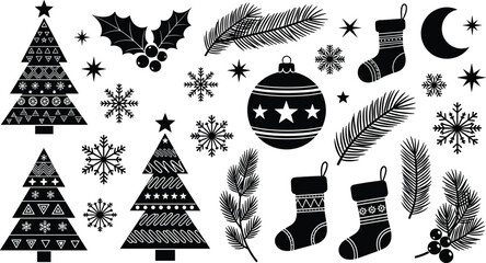Christmas, silhouette, icon, vector, black, tree, snowflake, stocking, ornament, pine, star, moon, holly, festive, winter