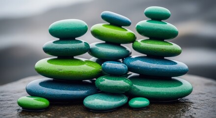 Stacked Green and Blue River Stones - Serene stacks of polished stones symbolize balance, harmony, growth, stability, wellness, and nature