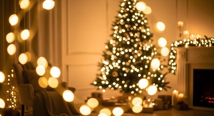 Magical holiday ambiance with a blurred Christmas tree, fireplace, and glowing golden bokeh lights for a festive background