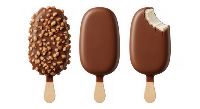 Three chocolate covered ice cream bars, one bitten