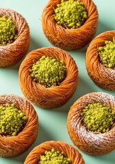 Sweet Bird Nest Pastries - A delectable arrangement of bird nest pastries topped with pistachio crumbles, set against a solid light green background