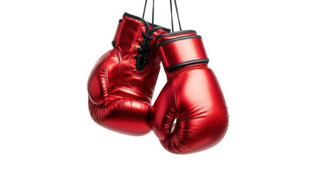 Pair of red boxing gloves hanging, sport concept
