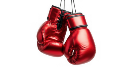 Pair of red boxing gloves hanging, sport concept