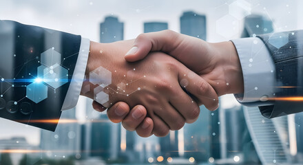 Business handshake between two professionals with digital technology overlay, symbolizing partnership and collaboration in modern corporate environment