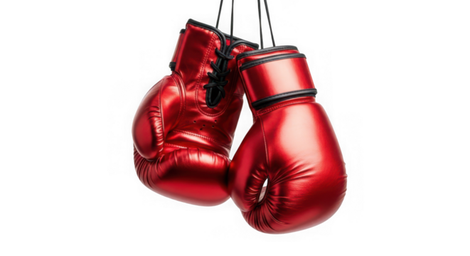 Pair of red boxing gloves hanging, sport concept