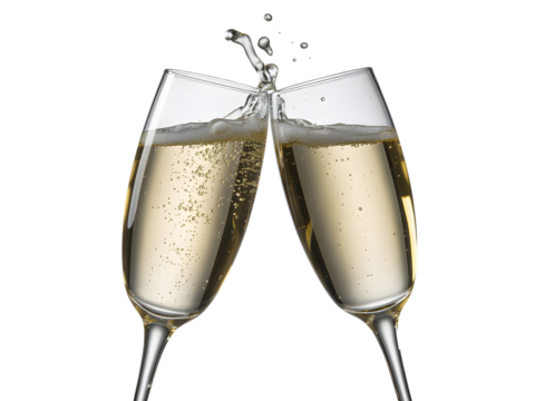 Two champagne flutes clinking together with a splash of bubbly liquid isolated on transparent background