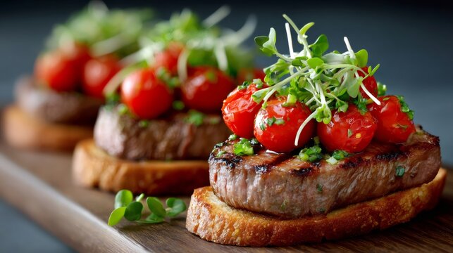 Grilled beef steak appetizer with cherry tomatoes
