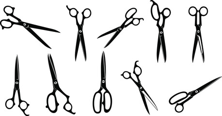 scissors, silhouette, icon, vector, black, blade, handle, tool, cut, sharp, design, shape, pair, grooming, craft