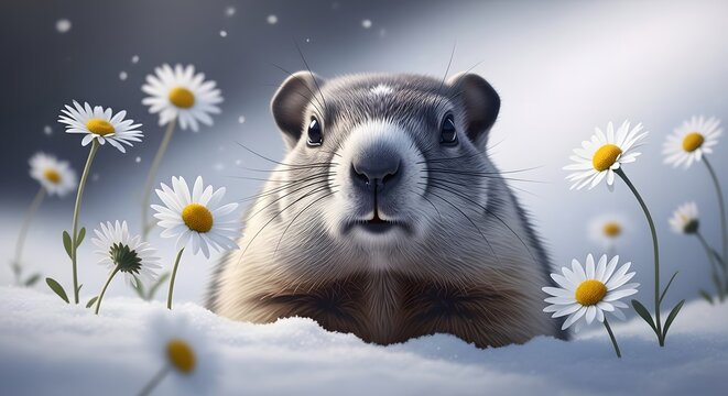 Close up portrait of a fluffy groundhog emerging from the snow surrounded by delicate white daisies in soft winter light