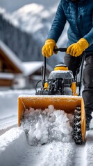 Man clearing snow using a snow blower in winter