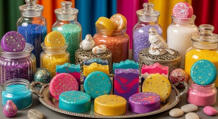 Variety of Handmade Soaps and Bath Salts on Display - An assortment of colorful, handcrafted soaps and bath salts displayed on a decorative silver tray, symbolizing luxury, relaxation, wellness,