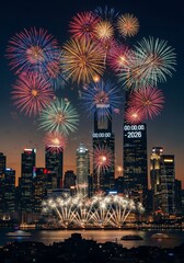 Vibrant Fireworks Over City Skyline at Night - Festive fireworks light up the night sky over a modern city skyline. Symbolizing celebration, hope, joy, prosperity, and new beginnings