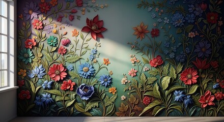 Wall of Embossed Flowers in Sunlight - Beautiful floral wall decor featuring embossed flowers and leaves in vibrant colors, illuminated by sunlight