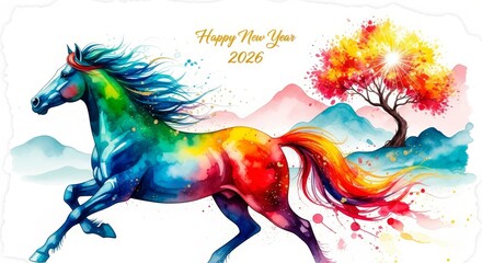 Watercolor Horse Happy New Year - A vibrant watercolor painting of a rainbow horse running with a tree and mountains in the background celebrating the New Year 2026