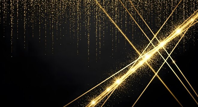 A glamorous abstract design of shimmering gold light trails and a cascade of glitter on a black canvas - Powered by Adobe