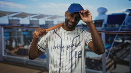 Young man holding baseball bat on shoulder aboard cruise ship deck wearing striped jersey and cap;...