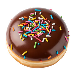 Chocolate glazed donut with rainbow sprinkles isolated PNG — great for dessert ads, bakery packaging, food illustrations, and colorful sweet-themed graphics.