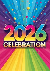 Year 2026 Celebration Event Graphic - An celebrating 2026, featuring a vibrant color scheme and confetti, symbolizing joy, future, milestone, prosperity, and achievement