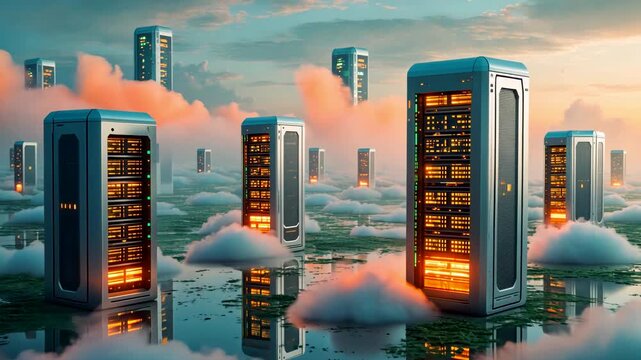 Cloud computing data center concept with multiple server towers floating above clouds at sunset