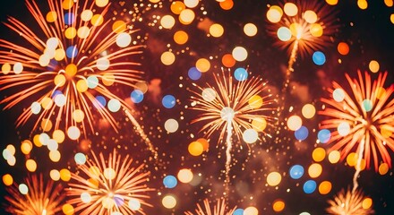 A dazzling display of golden and red fireworks illuminating the night sky with festive bokeh lights, perfect for celebrations and holidays