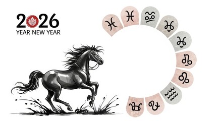 Year of the Horse 2026 Design - Artistic design featuring a running horse with zodiac signs for the year 2026