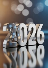 Year Two Thousand Twenty Six - Silver numbers spelling 2026 with bokeh lights in the background on a reflective surface