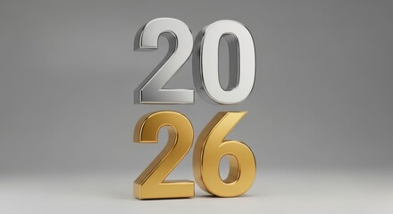 Year Two Thousand Twenty Six Celebration - Metallic composition of '2026' in silver and gold. Symbolizes achievement, prosperity, progress, success, and new beginnings