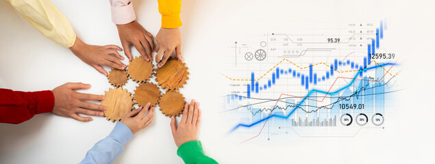 A vibrant image depicting hands collaborating over interlocking gears, complemented by a dynamic financial chart, showcasing teamwork in business strategy development. Scalp