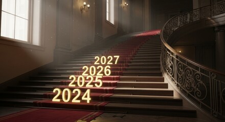 Years Ascending Grand Staircase - A grand staircase with ascending years, representing progress, future anticipation, growth, ambition, and aspiration