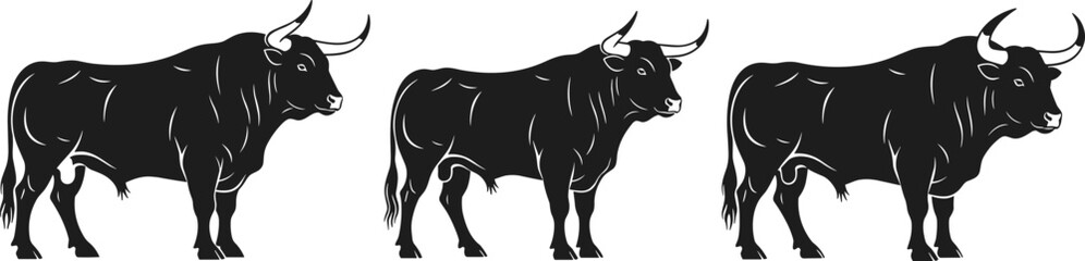 bull, silhouette, icon, vector, black, animal, strong, horn, muscular, livestock, power, wild, stance, trio, symbol