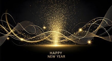 Golden New Year Celebration Abstract Design with Glittering Lights and Festive Typography