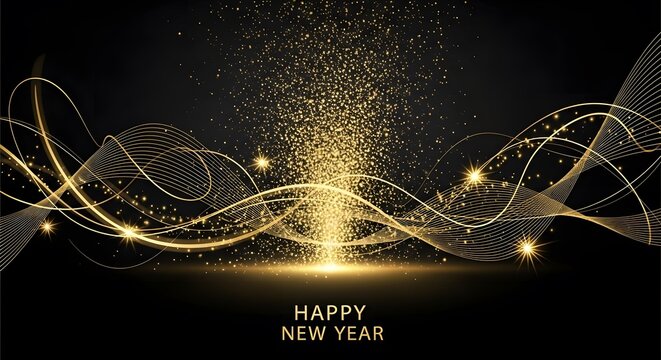 Golden New Year Celebration Abstract Design with Glittering Lights and Festive Typography
