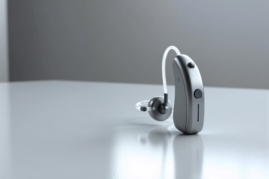 Modern, discreet digital hearing aid (BTE) on a white, reflective surface. This medical device represents audiology, hearing loss treatment, and accessible sound technology