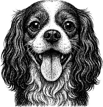 Cavalier King Charles Spaniel portrait in retro xerography engraving style with curly ears, soft shading and high contrast, isolated on transparent background.