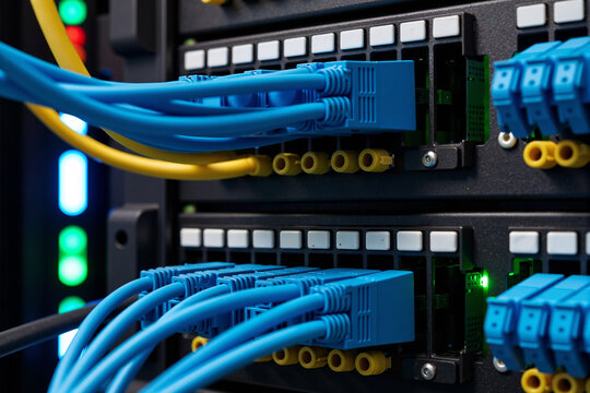 network switch in a data center, with multiple blue ethernet cables plugged in, and green LED lights showing an active internet connection. This symbolizes IT infrastructure, global connectivity
