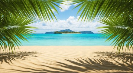 Framed by lush green palm fronds, a pristine sandy beach meets the crystalclear turquoise ocean under a bright blue sky with fluffy white clouds, offering a perfect tropical getaway