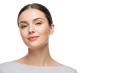 Young caucasian woman, radiant, pristine skin, soft off-white top, serene smile, tilted head, direct gaze, high-key studio with luminous whites and negative space, concept of natural beauty, health,