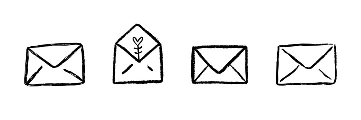 Envelope Line Icon Set In Doodle Style. Communication, Correspondence, And Mail Delivery Outline Sketch Collection. Hand Drawn Isolated Vector Illustration