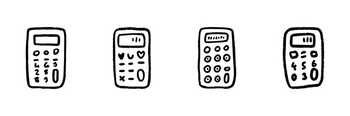 Four Calculator Line Icons In Doodle Style. Mathematical Operations And Financial Calculations Outline Sketch Collection. Hand Drawn Isolated Vector Illustration