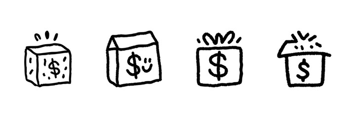 Gift Boxes With Dollar Signs Line Icon Set In Doodle Style. Financial Rewards, Savings, And Gift Giving Outline Sketch. Monetary Incentives And Surprises. Hand Drawn Isolated Vector Illustration