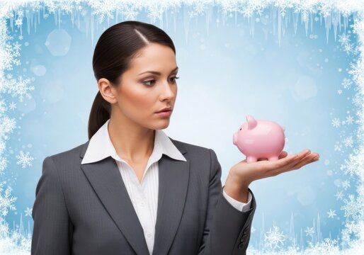 A serious businesswoman in a suit holds a small pink piggy bank on her palm against a blue, frosty, bokeh background, symbolizing financial planning or savings - Powered by Adobe