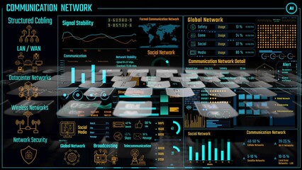 Data center monitoring dashboard visualize network performance, connection status, usage rate, and telecommunication insight. Data center monitoring efficiency improvement network transparency. Thunk