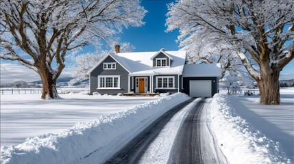 Rural house with snow covered trees and driveway