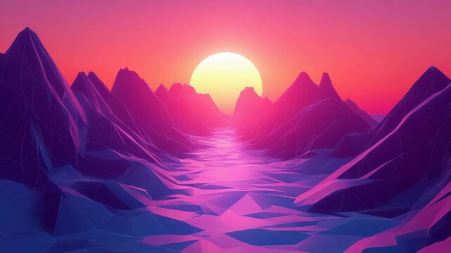 Retrowave digital landscape with vibrant low poly mountains
