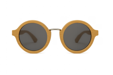 Round wooden frame sunglasses with dark lenses