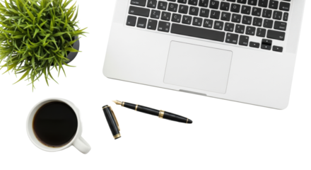 Pristine silver and white laptop, white coffee mug, green potted plant, black and gold pen on a transparent surface from a top-down view, concept of organized modern workspace