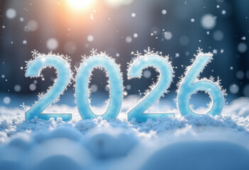 Snowflakes and ice crystals surround the numbers "2026" in a winter abstract background.
