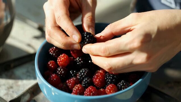 A beautiful 4K close up video of juicy perfectly ripe red raspberries nestled attractively within a vibrant blue ceramic bowl featuring a hand gently picking up a single berry for a delicious healthy