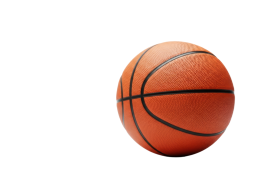 A single orange regulation basketball, pebbled texture, black seams, 3/4 view, on a transparent studio surface, clean background, soft lighting. Concept of strategic business goals and success